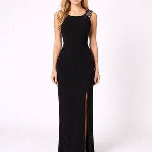 Loralie Black Floral Beaded Cowl Back Floor Length Gown - Vintage Size 10